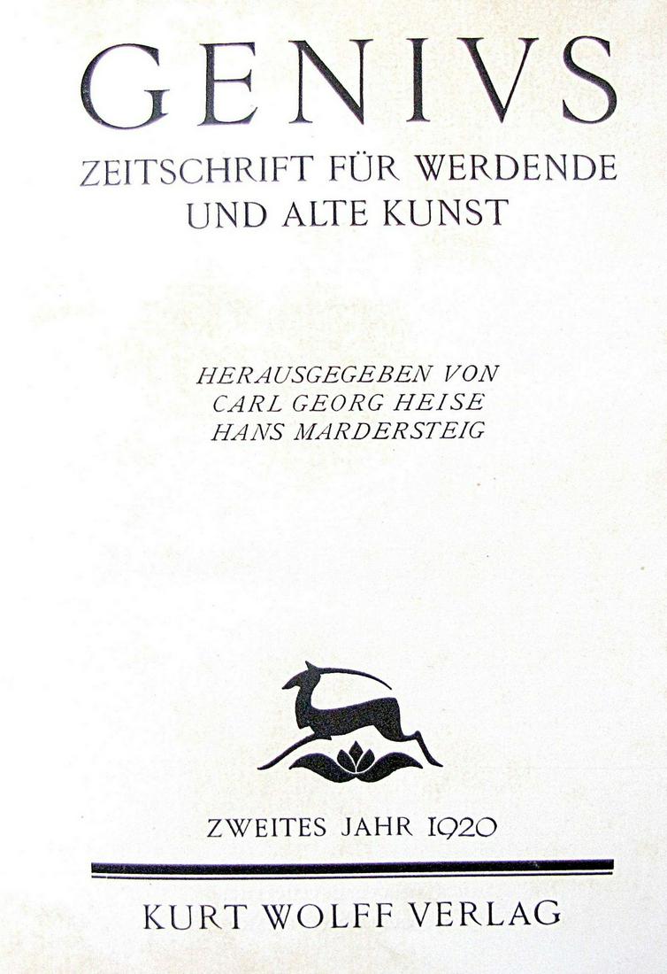 Genius: Zeitschrift fur werdende und alte Kunst", 1920, 4 orig. Woodcuts by Erich Heckel, Frans: Genius: Zeitschrift fur werdende und alte Kunst", 1920, 4 orig. Woodcuts by Erich Heckel, Frans Masereel, Max Kaus, Andre Rouveyre, litho by Georg Ehrlich "Genius: Zeitschrift fur werdende u