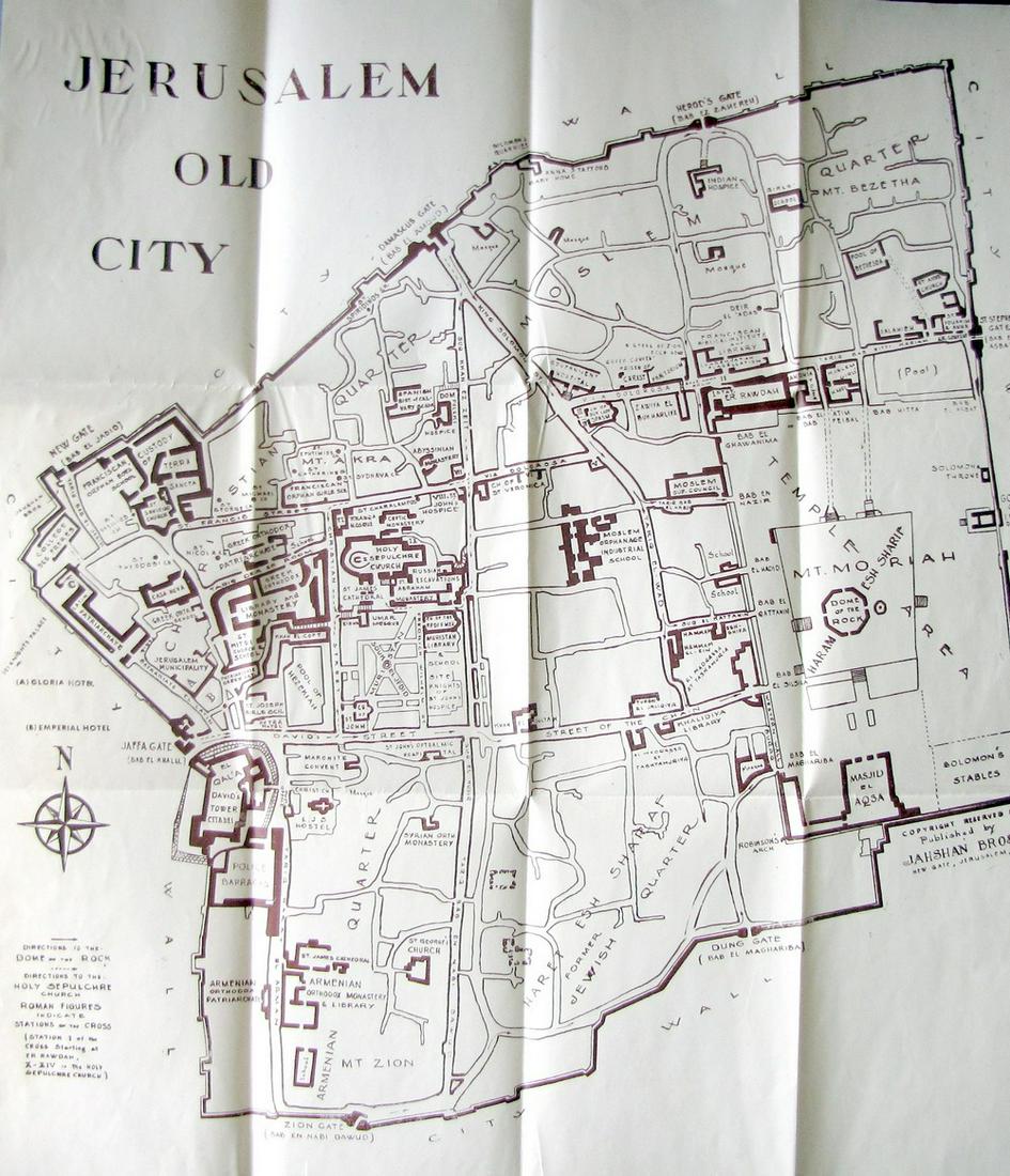 Jerusalem old city Jordan Guide Map, Litho, published by Jahshan Bros, 1940-50â€™s (1 of 5)