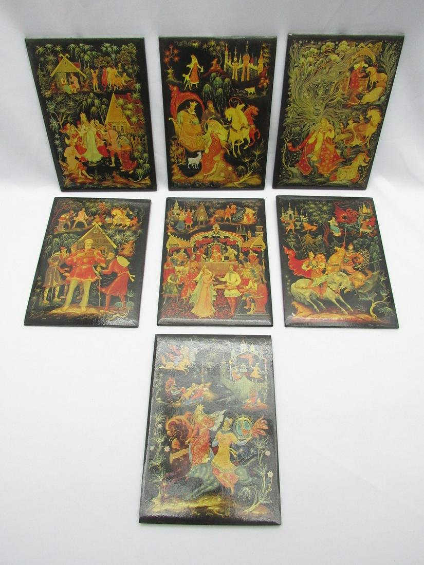 Assortment of 7 Russian Falah panels decorated according to well-known paintings of scenes from folk (1 of 7)