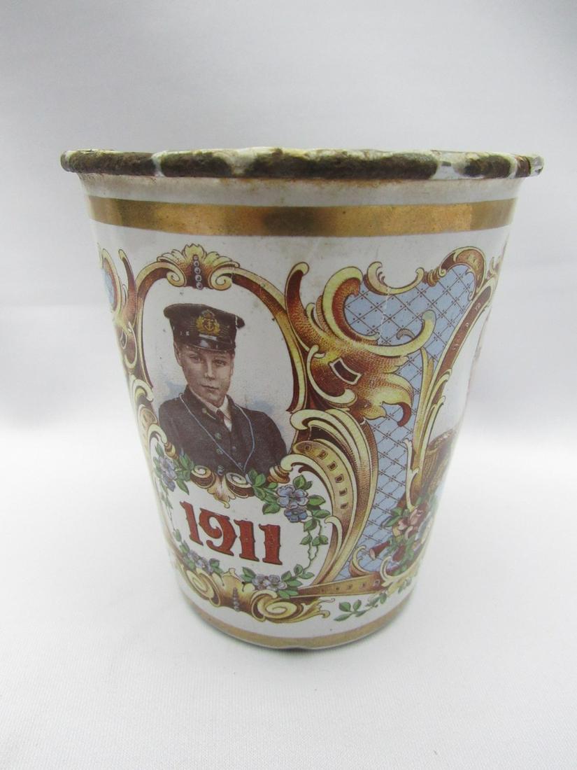 A colored enamel cup issued in honor of the coronation of King George V in England, 1911 (1 of 7)