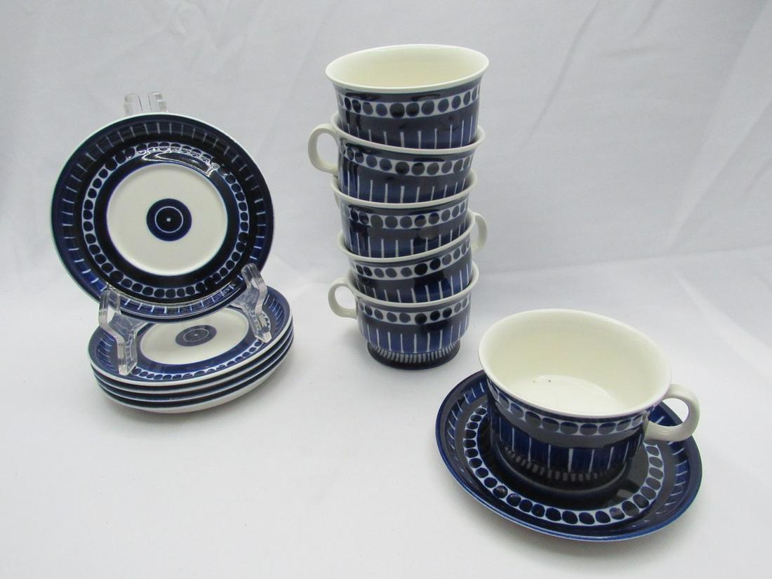 Set of 6 Ceramic Tea Cups and Matching Saucers Made by Arabia Finland, Valencia Model, Designed by: Set of 6 Ceramic Tea Cups and Matching Saucers Made by Arabia Finland, Valencia Model, Designed by Ulla Procope, 1960s, decorated with rich hand painting in Cobalt-blue over a white background, marked