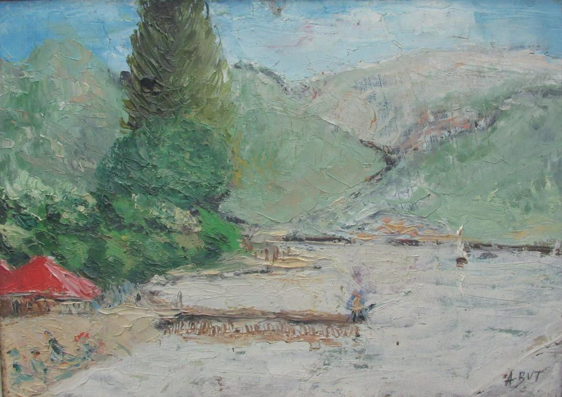 Unknown Artist, Fisherman on the Lake Pier: Unknown Artist, Fisherman on the Lake Pier, oil painting on fine plywood in an Impressionistic style, signed, framed in a decorated white wooden frame, dimensions: 33X46 cm.