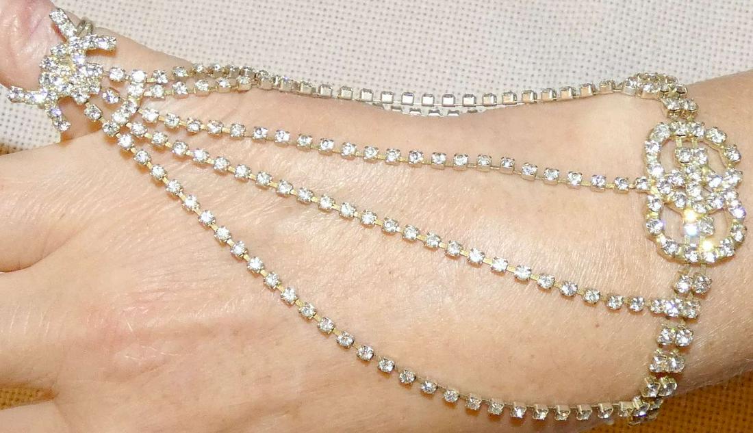 Swarovski glass silver tone slave bracelet with ring. (1 of 5)