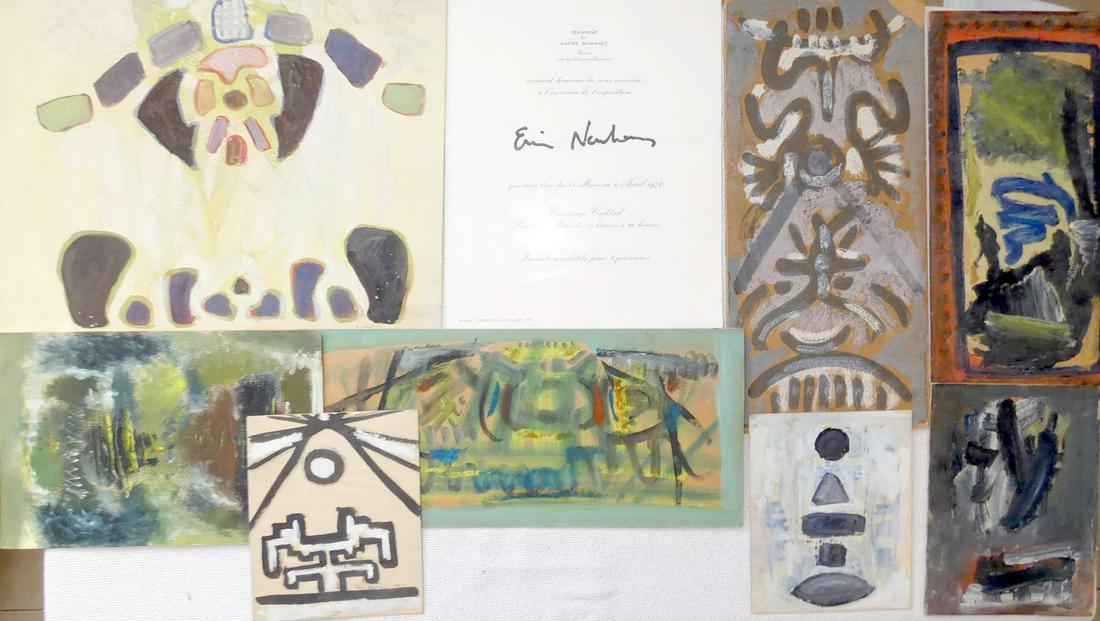 Ervin Neuhaus, French Jewish artist, 8 mixed media drawings 1960s, signed: Ervin Neuhaus, French Jewish artist, 8 mixed media drawings 1960s, signed 8 MIXED MEDIA GOUACHE WATERCOLOR DRAWINGS 6 OF THEM SIGNED + ADVERTISING OF HIS EXHIBITION IN PARIS, 27 x 21 cm. (STAINED, BEN