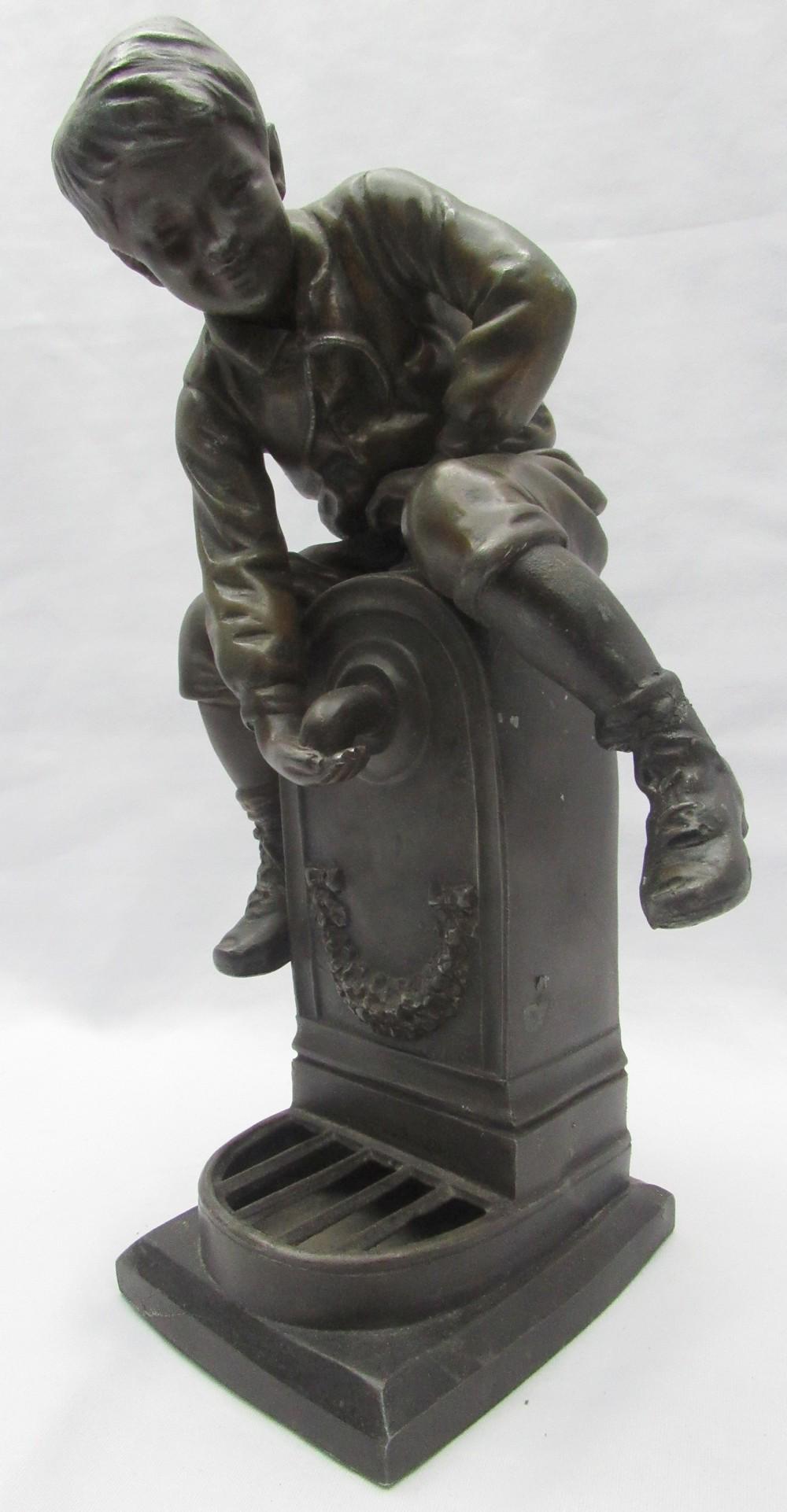 A.J. Scott (A.J. Scotte) (1867-1925), Boy on a Water Pump: A.J. Scott (A.J. Scotte) (1867-1925), Boy on a Water Pump, an antique French quality pewter sculpture from the end of the 19th century, signed with the stamp of the model artist and the maker's mark o