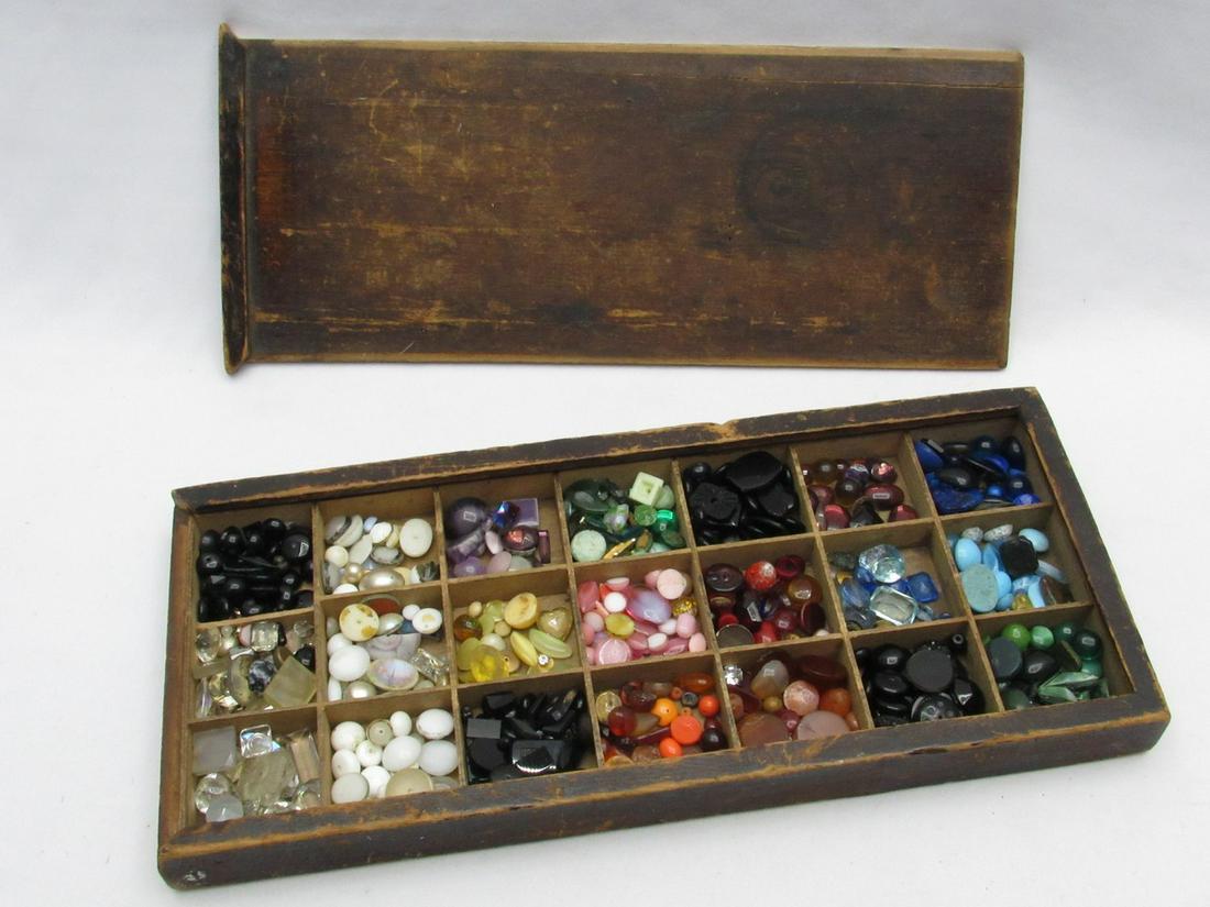 An Assortment Of Colored Glass Stones For Inlaying Given In An Old Divided Wooden Box (1 of 6)