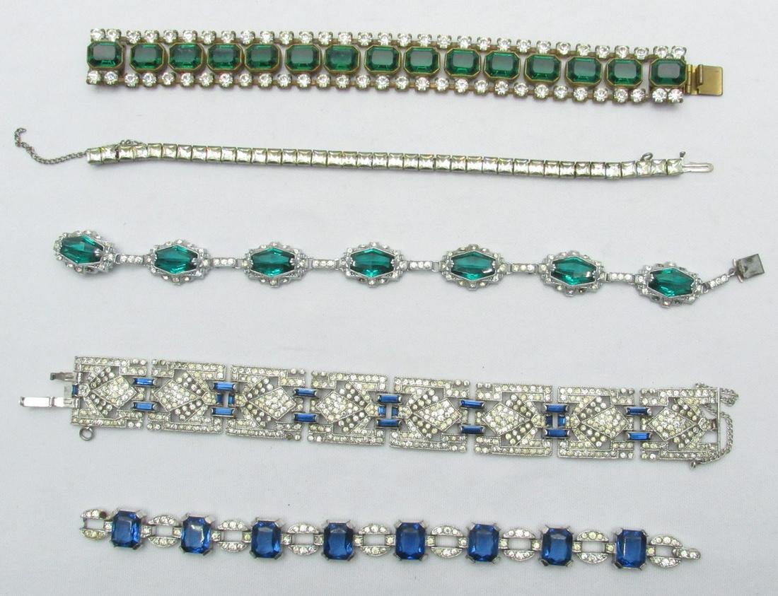 An Assortment Of 5 Art Deco Fashion Link Bracelets: An Assortment Of 5 Art Deco Fashion Link Bracelets, circa 1930s-50s, made and composed of metal links designed and decorated in the style of the period in a very elegant manner with inlaid Paste Stone