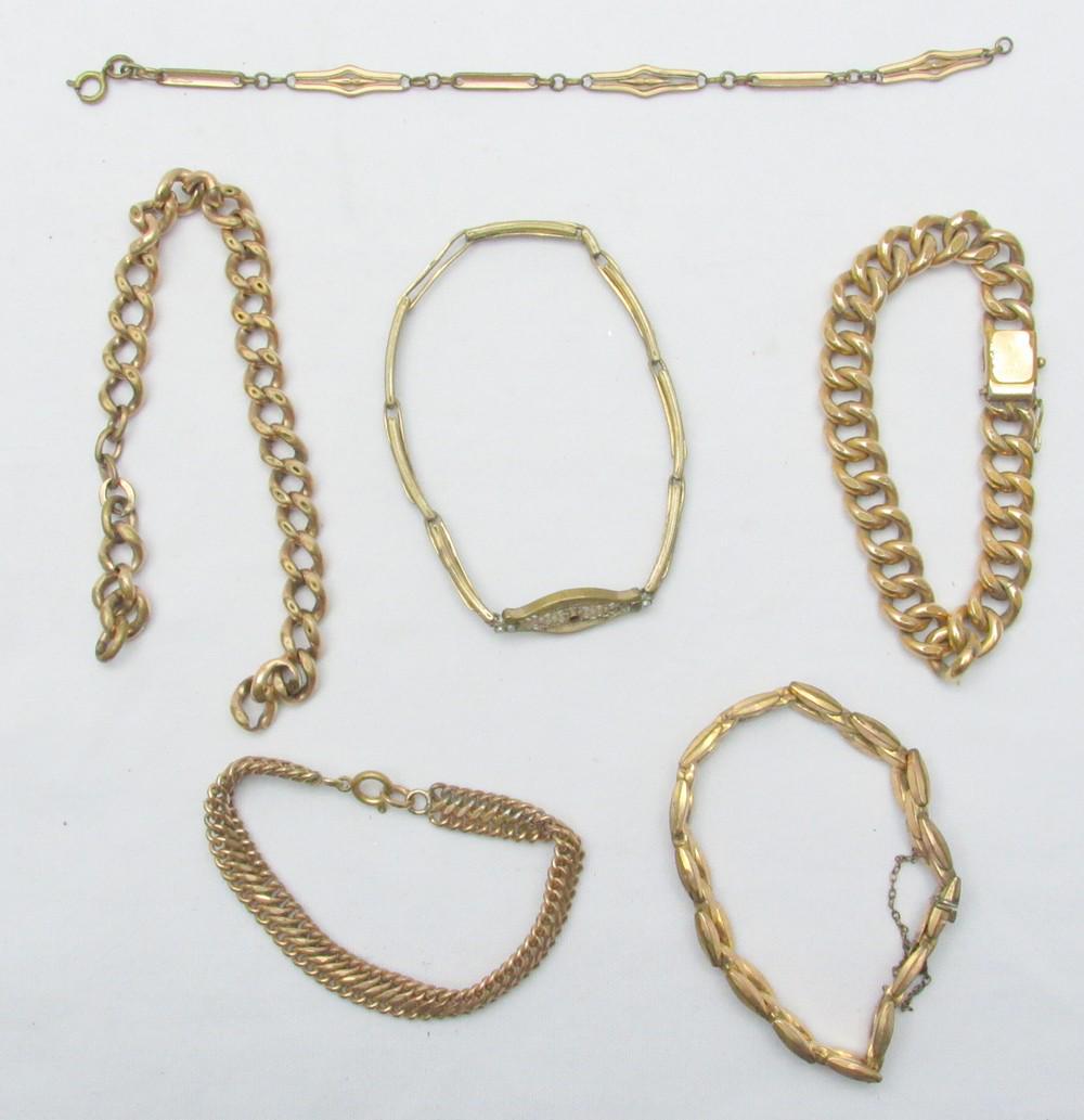 An Assortment Of 6 Antique Gilded Link Bracelets: An Assortment Of 6 Antique Gilded Link Bracelets, some Victorian to circa the beginning of the 20th century, including a French Gold Double bracelet made by Charles Murat, an American Gold Double brac
