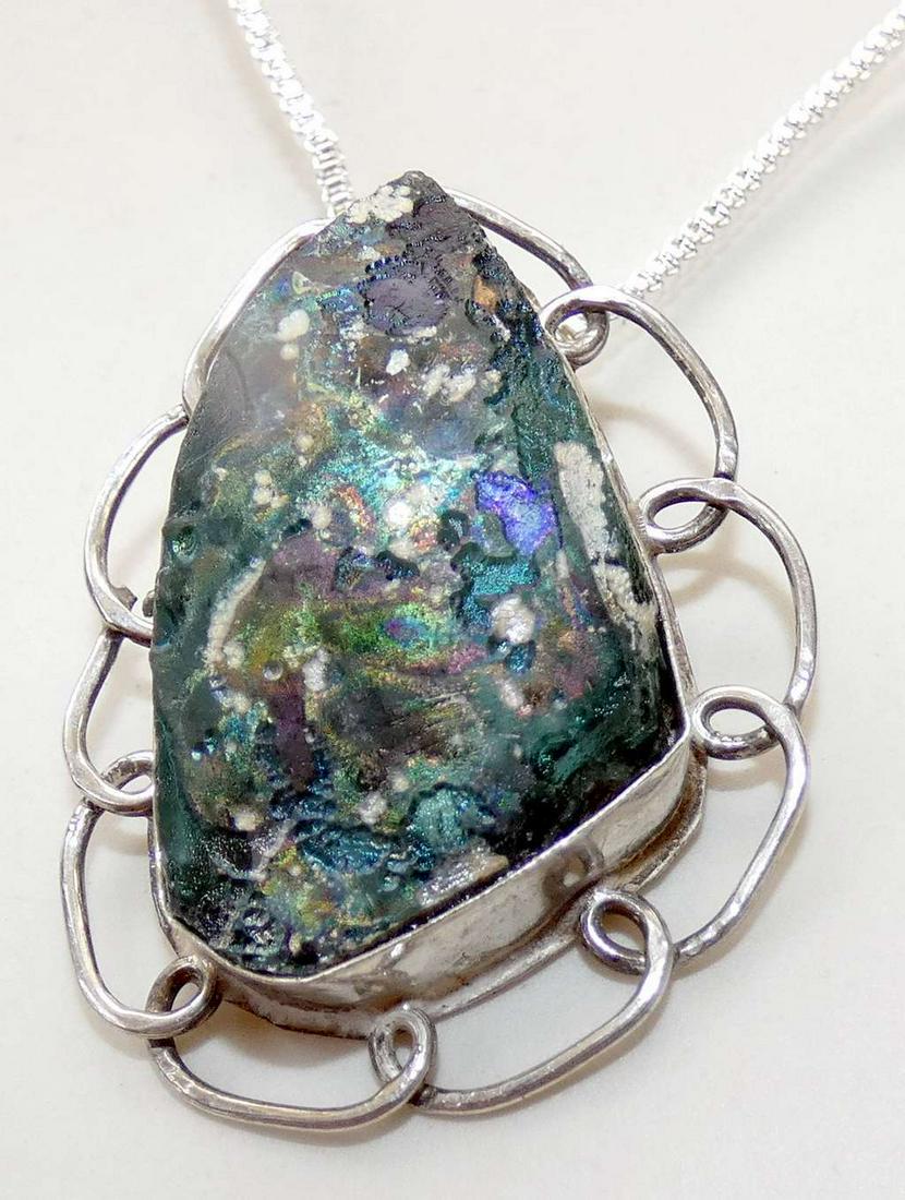 Original Antique Roman glass pendant / necklace in vintage silver frame, Israel, 1960â€™s (1 of 7)