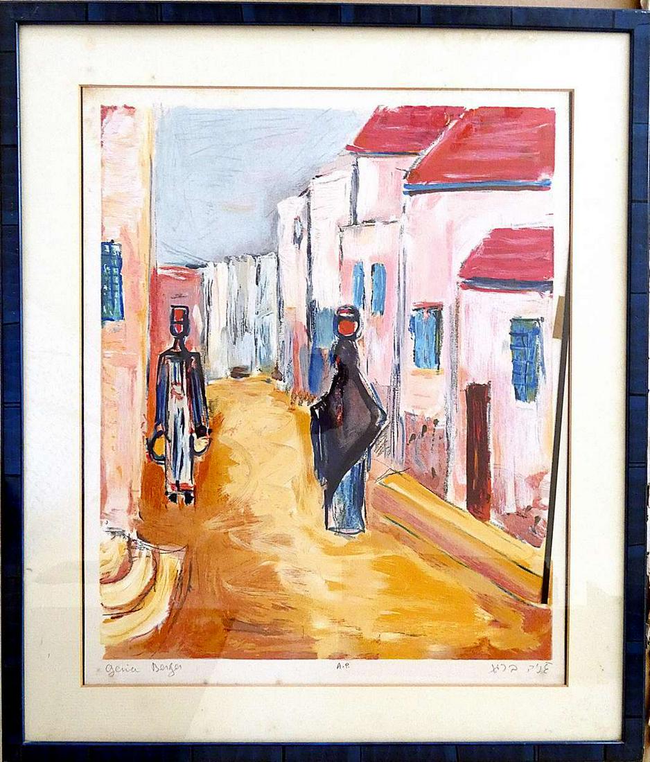 Genia Berger. Color lithograph â€œArab figures in Yafoâ€ AP signed, framed (1 of 7)