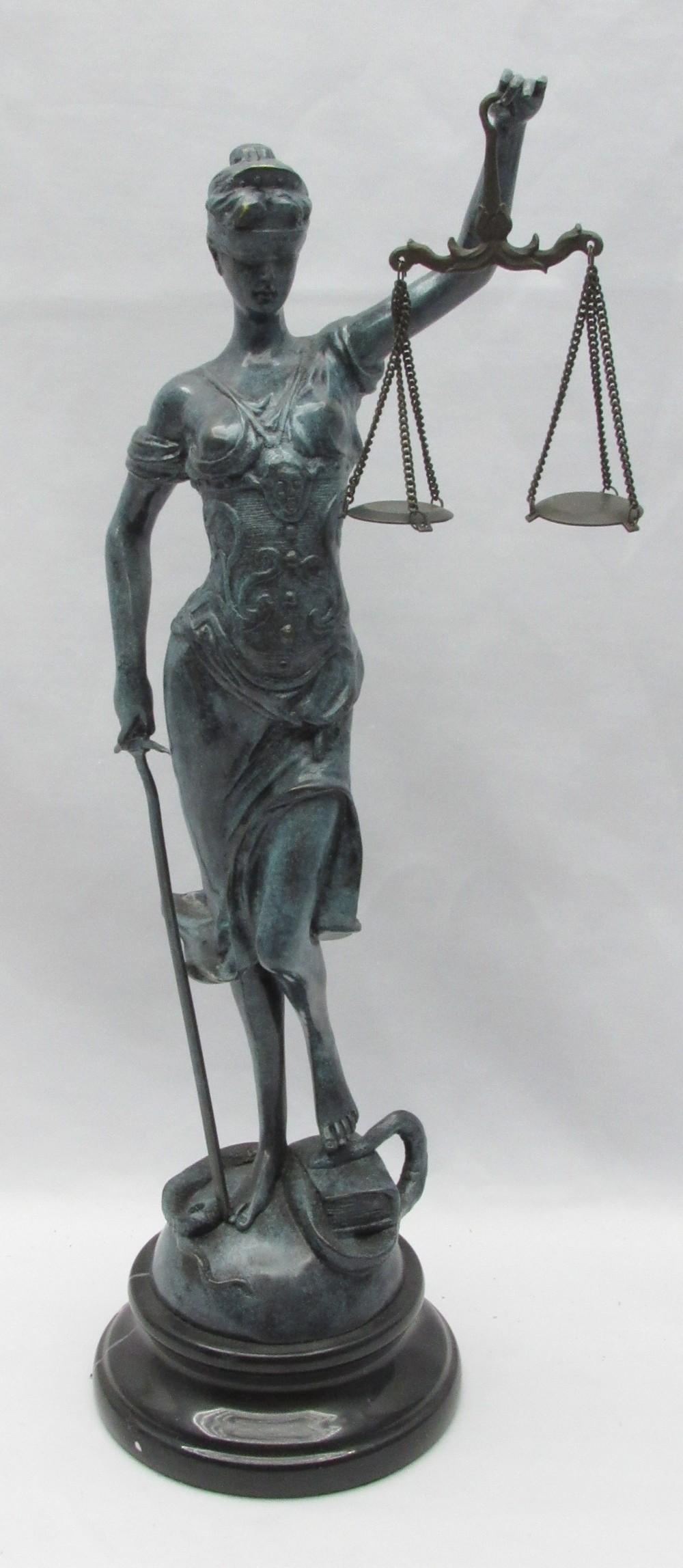 After ALOIS MAYER (1855-1936), Themis, the goddess of justice: After ALOIS MAYER (1855-1936), Themis, the goddess of justice, a fine bronze statue with a black-turquoise patina, attached to a round black marble base, signed with the artist's mark and the foundry'