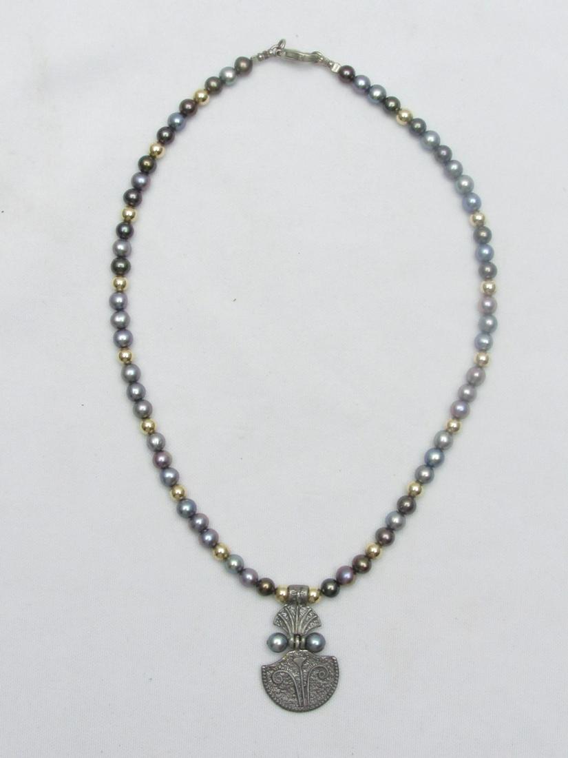 A beaded necklace made of gray pearls, 14K gold balls and silver pendant in the Inca style (1 of 7)