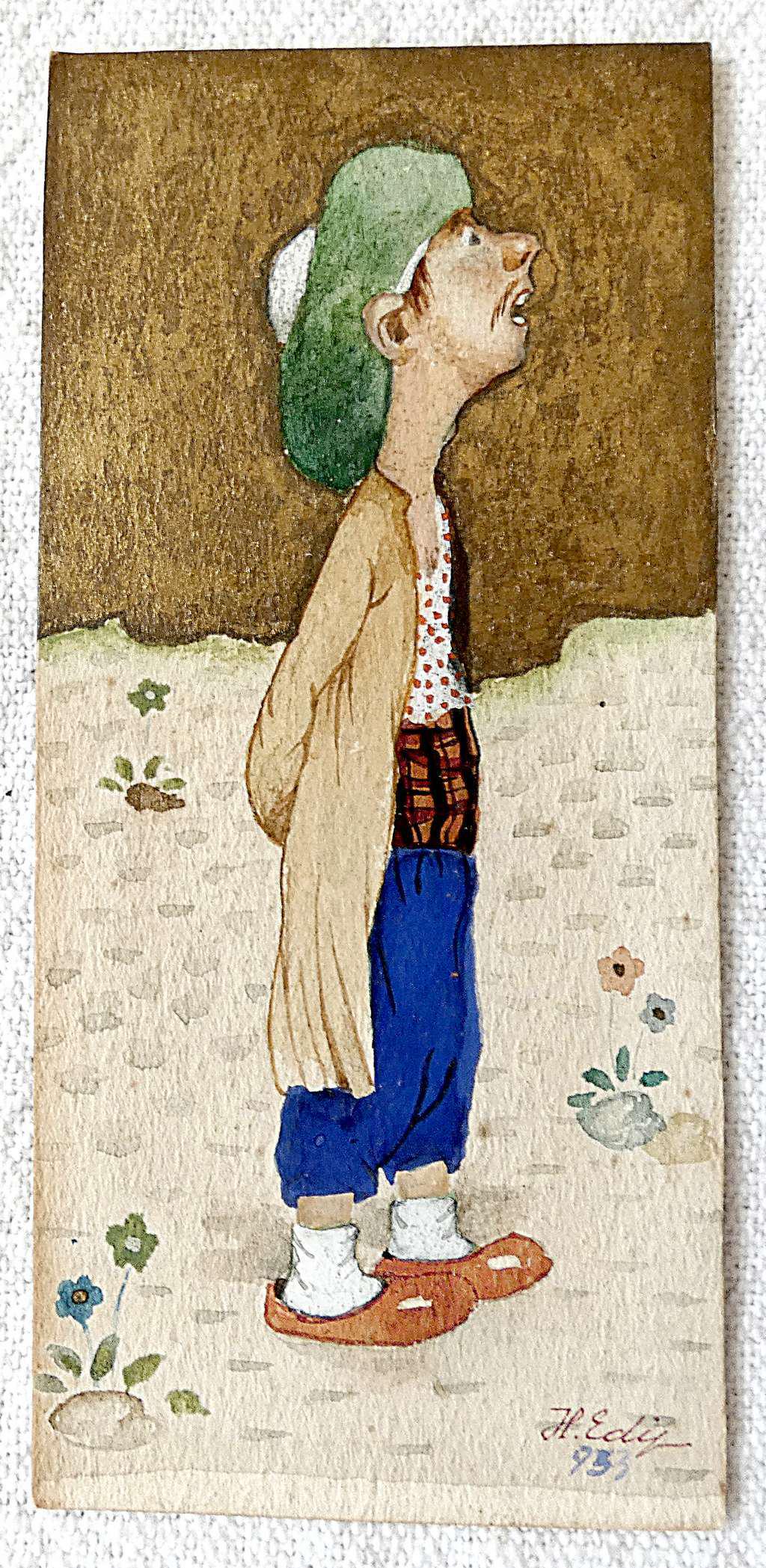Turkish antique gouache miniature "Tukish boy", 1933, signed, framed: Turkish antique gouache miniature drawing â€œTukish boy”, 1933, signed, framed. Original tropic wood and yellow natural material frame. Size of of drawing: 10 x 4.8 cm. (3.9 x 1.8 inches) Si