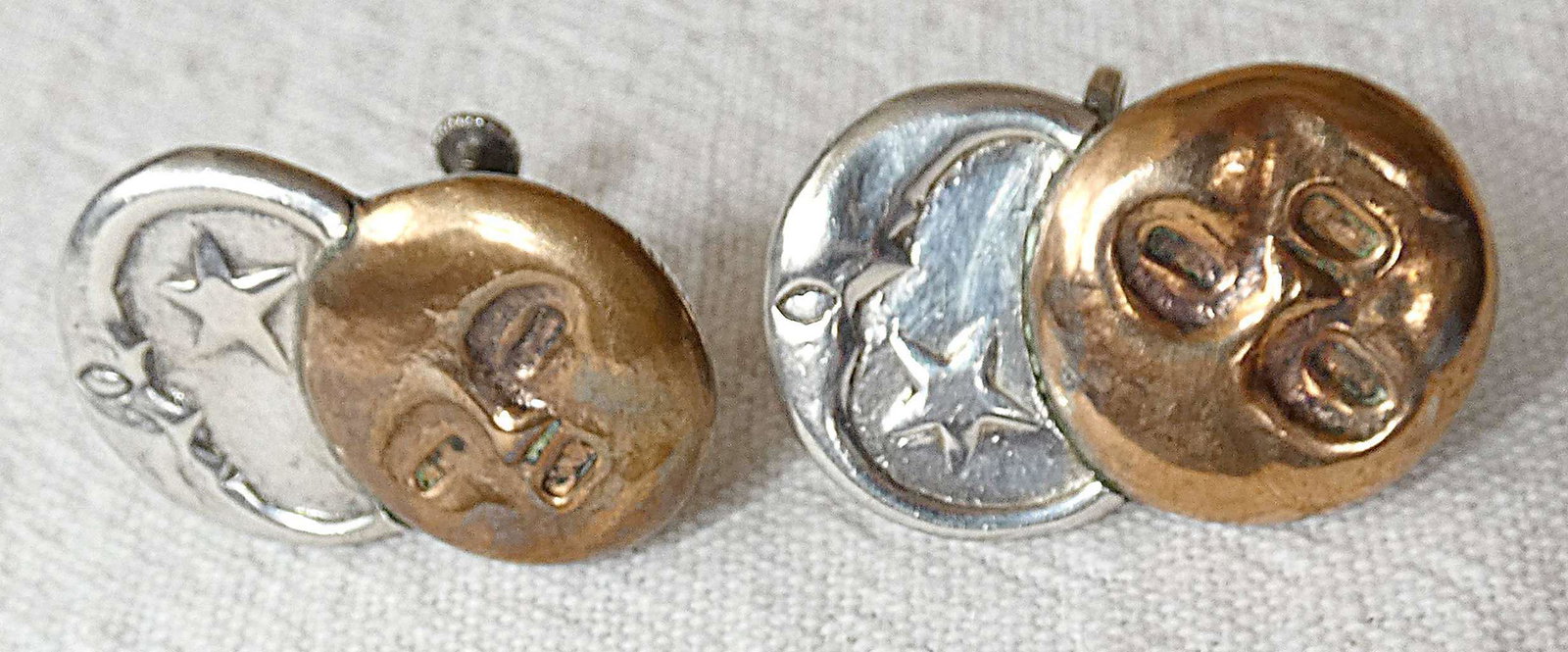 Mexico William Spratling clip on earrings - art deco, mixed metal silver and copper sun, moon and (1 of 6)