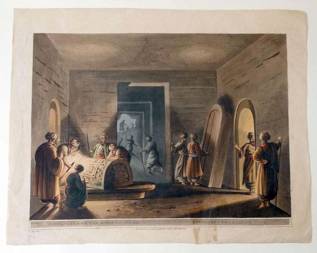 Luigi Mayer. Hand-colored Aquatint of Sepulchres of the Kings of Judah, Jerusalem, 1804: Luigi Mayer. Hand-colored Aquatint of Sepulchres of the Kings of Judah, Jerusalem, 1804Sepulchres of the Kings of Judah / SÃ©pulcres des Rois de Juda, in Passe partout.Hand-colored aquatint of the T