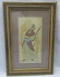 A quality Persian hand painting miniature: A quality Persian hand painting miniature, second half of the 20th century, decorated with high-quality hand-painting in the image of a Persian musician on a iv-ory plaque, signed, framed with passepa