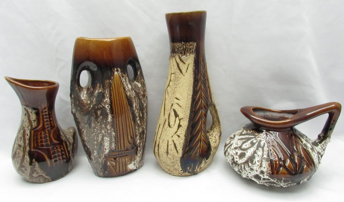 An assortment of 4 vintage lava brown Israeli ceramic vessels made by "Kadan" (1 of 9)