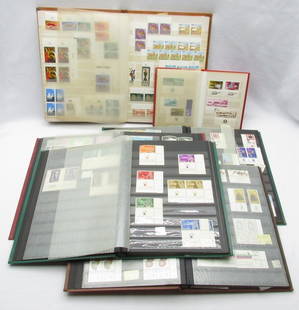 A diverse collection of Israeli postal stamps - most of them were not in postal use: A diverse collection of Israeli postal stamps - most of them were not in postal use, mainly from the 1950s-1970s, including singles/pairs/fours of stamps from over the years, next to some of them ther
