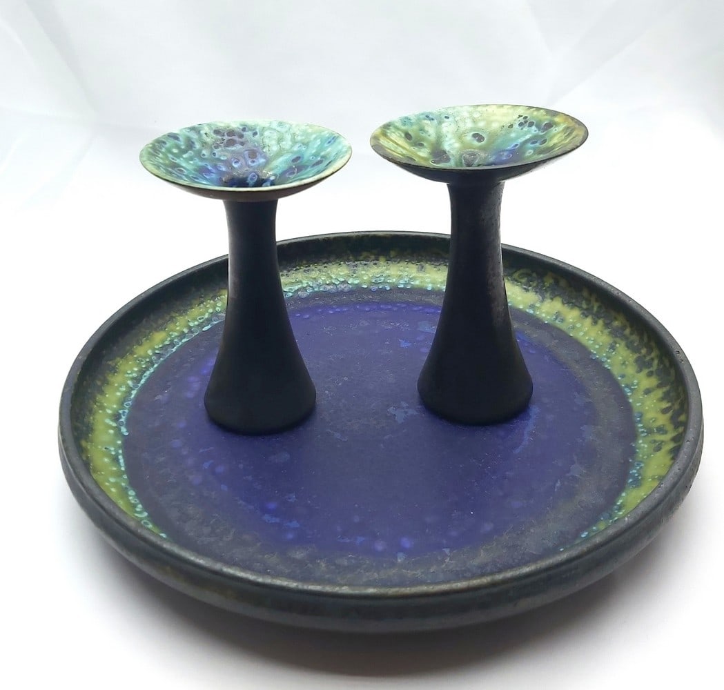 A pair of candlesticks and a ceramic plate designed by the artist Liisa Larsen (Liisa Hallamaa) made (1 of 15)