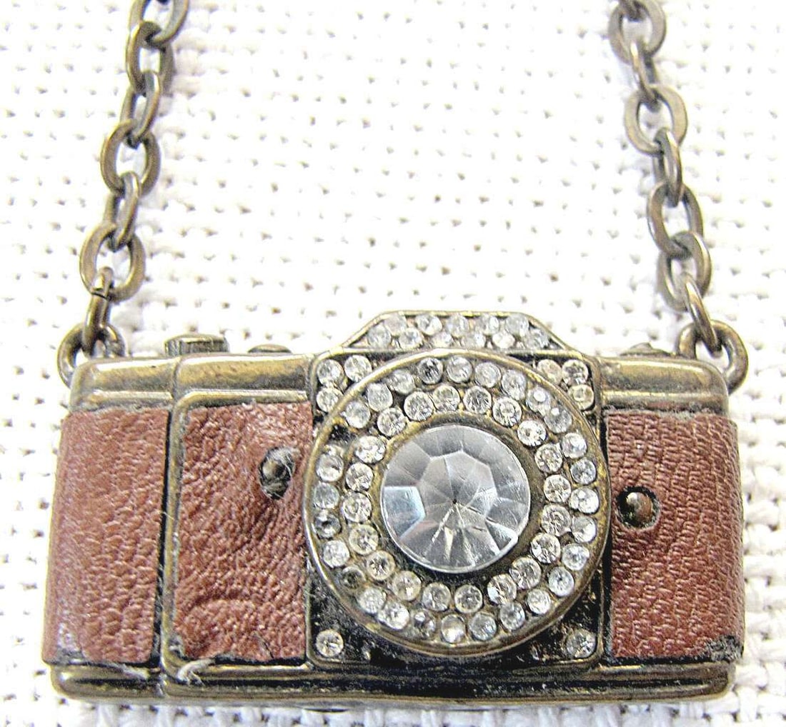 Vintage copper and leather miniature “spy?? camera necklace set with Swarovski glass. (1 of 6)