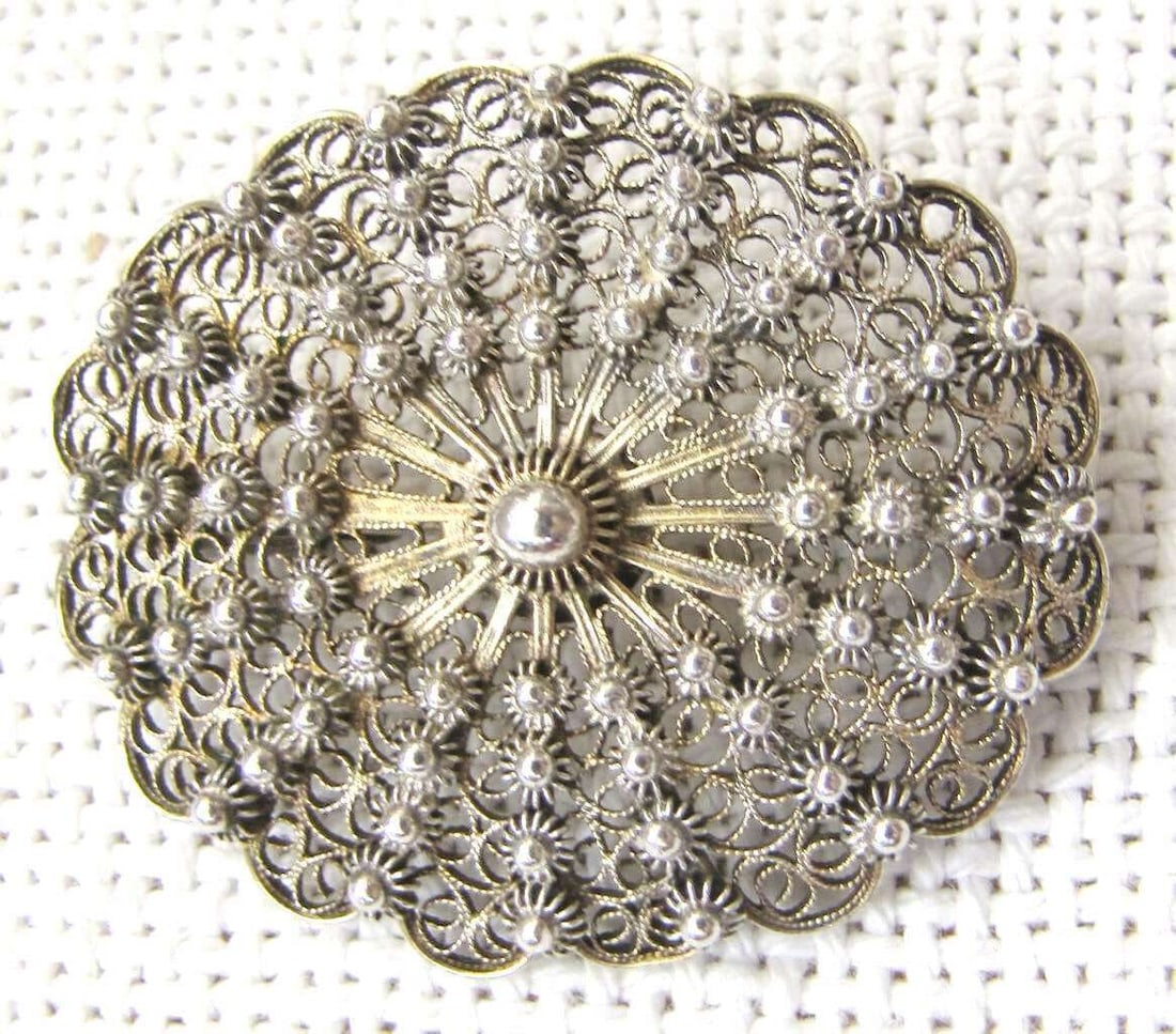 Art deco gilt filigree silver 800 brooch, signed: GE: Art deco gilt filigree silver 800 brooch, signed: GE Maker’s mark: GE Size: 3.6 x 4.3 cm. (1.4 x 1.7 inches)
