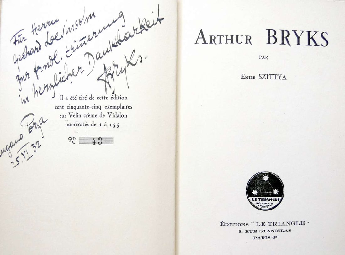 Arthur Bryks, Jewish DADA artist, orig. autograph on book: “Arthur Bryks” by Emile Szittya, ex. 43/1 (1 of 12)
