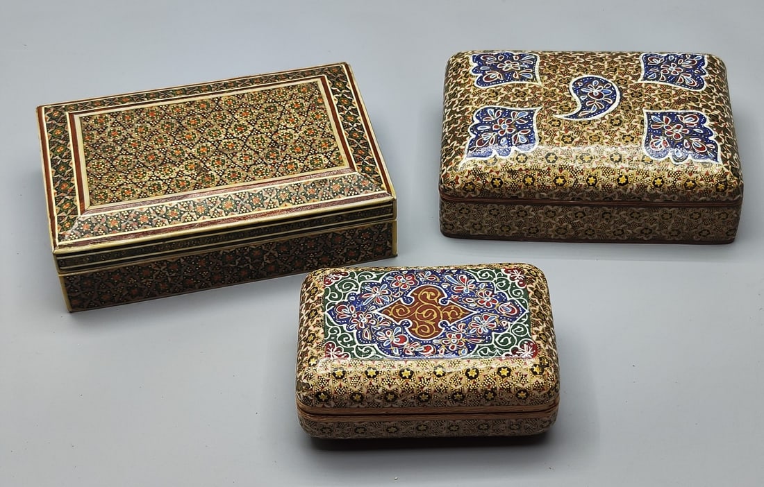 An assortment of 3 Persian boxes decorated with micro-mosaic crafting (Khatam) (1 of 11)