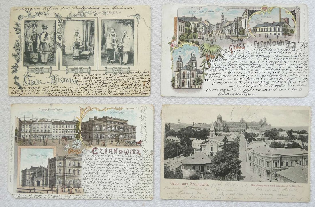 Chernivtsi, Austria-Hungary. Yiddish, 4 Litho PC letters of a Jewish family, 1898, 1901: Chernivtsi, Austria-Hungary. Yiddish, 4 Litho PC letters of a Jewish family, 1898, 1901 2 color lithographed PC - “Gruss aus Czernowitz”, 1898, Yiddish One PC - “Gruss aus Bukowina”, 1