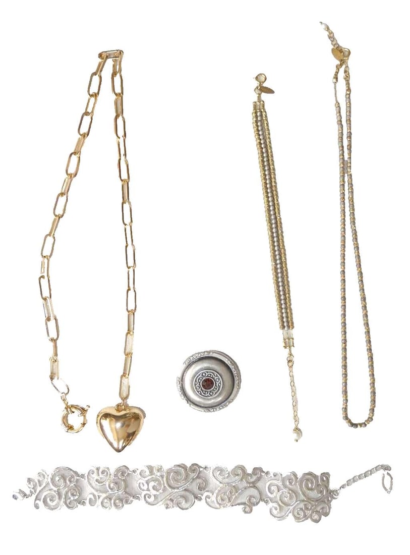 Lot of 5 Vintage jewelry items: 2 necklaces, 2 bracelets and brooch. (1 of 12)