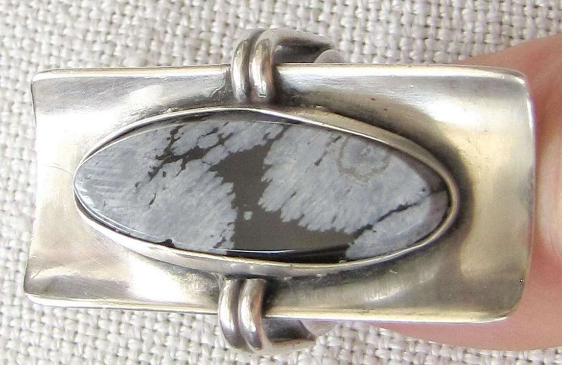 Vintage modernist silver sterling 935 ring set with jasper, Size: 6.5, "Hazorfim", Israel, 1950's, (1 of 7)