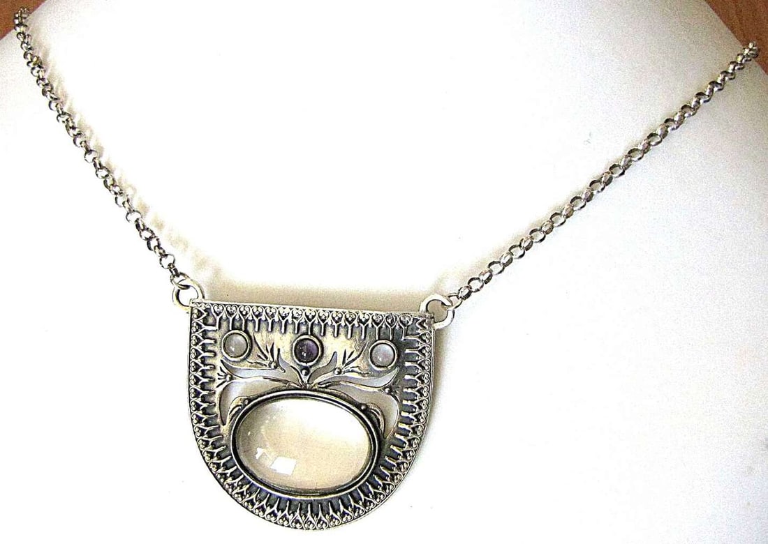 Vintage filigree silver sterling necklace Inlaid with gemstones – rock crystal and amethyst, (1 of 7)