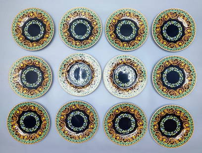 An assortment of 12 porcelain cake plates made by Rosenthal Studio Line, Versace-Ikarus series,: An assortment of 12 porcelain cake plates made by Rosenthal Studio Line, Versace-Ikarus series, designed by Paul Wunderlich, circa 1990s, decorated with a colorful print designed by the artist and ric