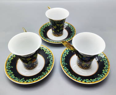 Assortment of 3 mugs + matching saucers porcelain for coffee made by Rosenthal Studio Line,: Assortment of 3 mugs + matching saucers porcelain for coffee made by Rosenthal Studio Line, Versace-Ikarus series, designed by Paul Wunderlich, circa 1990s, decorated with a colorful print designed by