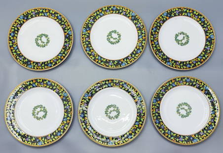 An assortment of 6 porcelain main dish plates made by Rosenthal Studio Line, Versace-Ikarus series,: An assortment of 6 porcelain main dish plates made by Rosenthal Studio Line, Versace-Ikarus series, designed by Paul Wunderlich, circa 1990s, decorated with a colorful print designed by the artist and