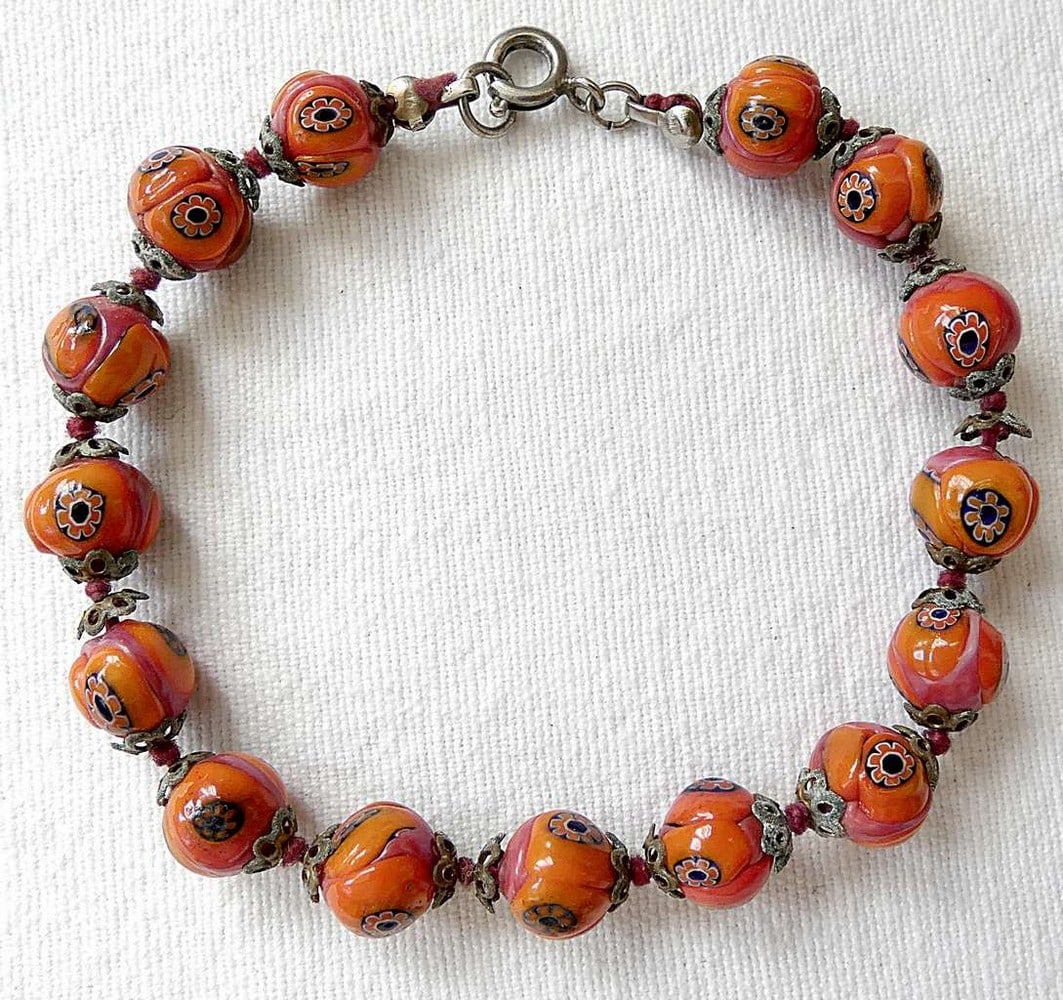 Murano Venice Millefiori old orange glass bead knotted bracelet, hand crafted (1 of 6)