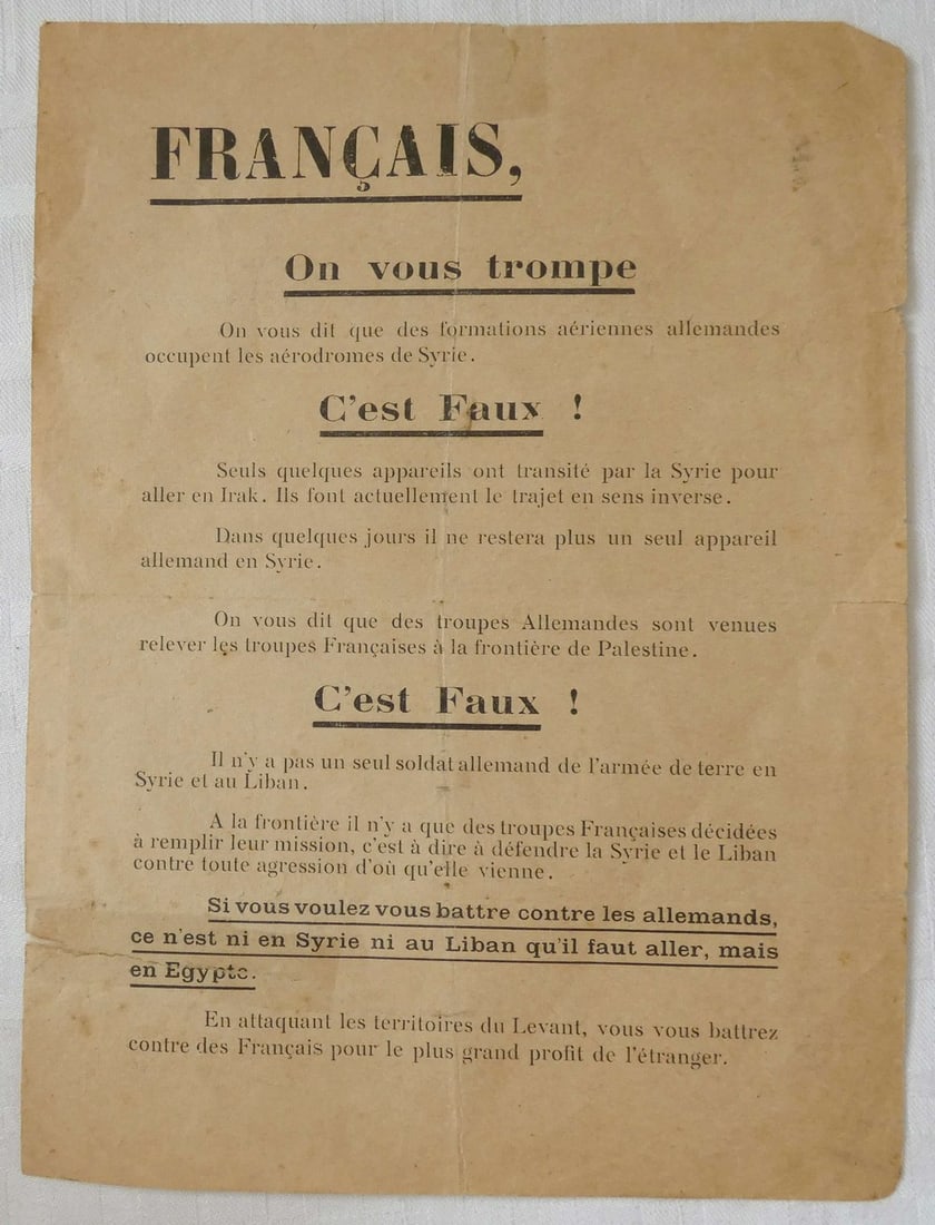 WWII Middle East. Proclamatia to French people with call to fight against German, In French.: WWII Middle East. Proclamatia to French people with call to fight against German, In French, Size: 21 x 15 cm. (8.2 x 5.9 inches)