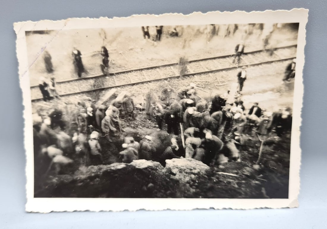 Holocaust: photo of Jews and soldiers in action "Aktzia" near railroad tracks - World War II (1 of 3)