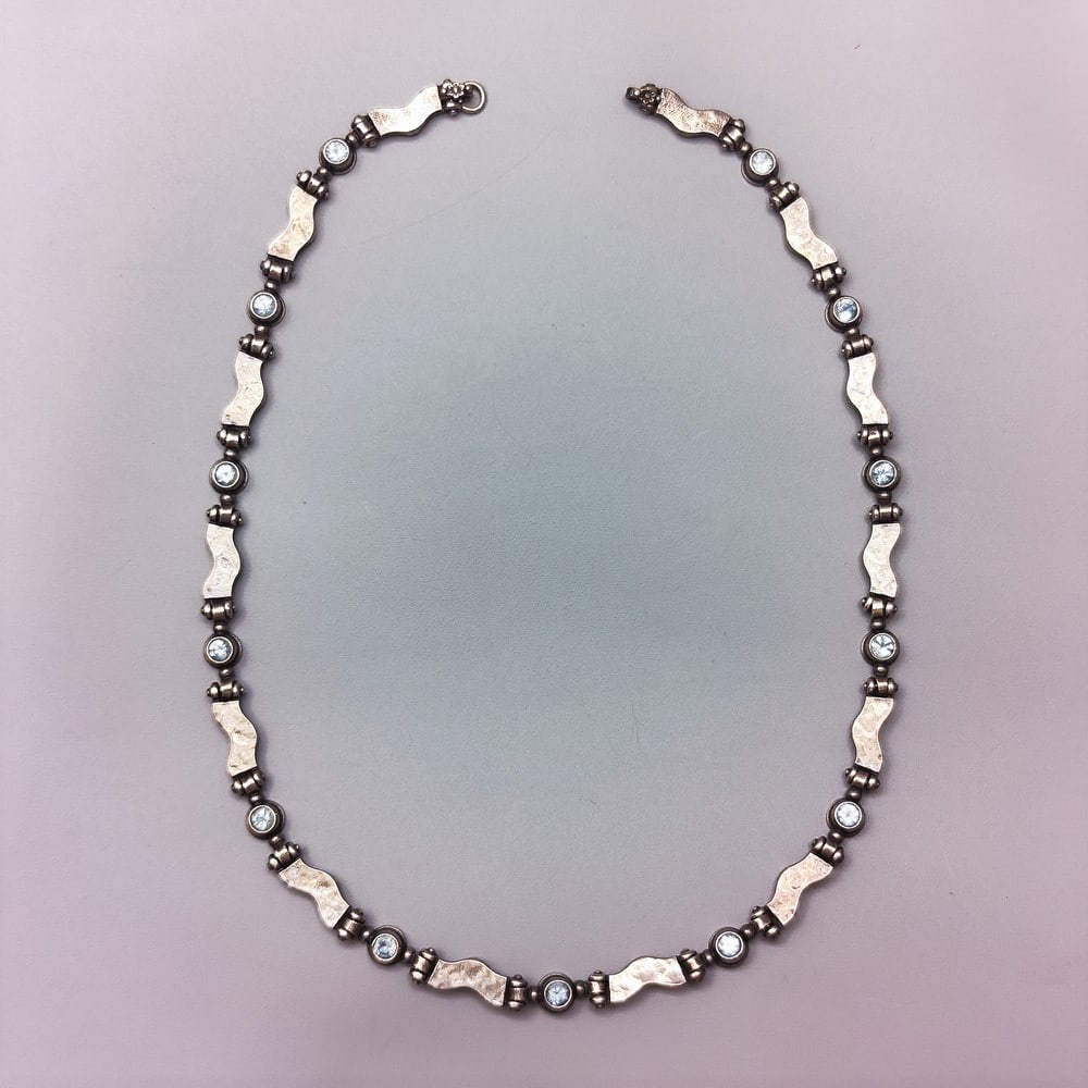 Modernist 925 silver bead necklace studded with blue stones (1 of 7)