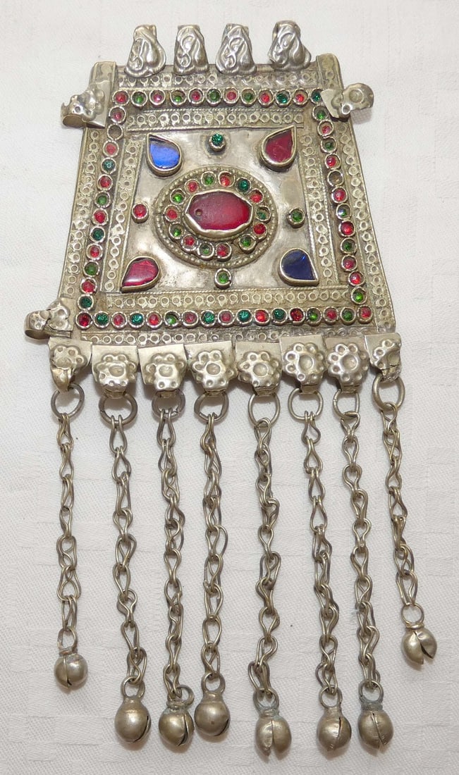 Indo-Persian Islamic antique silver sterling Amulet Pendant set with gemstones and art glass, 73 gr.: Indo-Persian Islamic antique silver sterling Amulet Pendant set with gemstones and art glass, 73 gr. Tested for silver by acid. Total height: 17.5 cm. (6.8inches) Width: 9 cm. (3.5 inches) Weight: 73