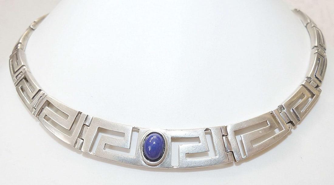 Vintage modernist silver sterling necklace set with lapis lazuli, 22 gr., geometric design, Israel, (1 of 6)
