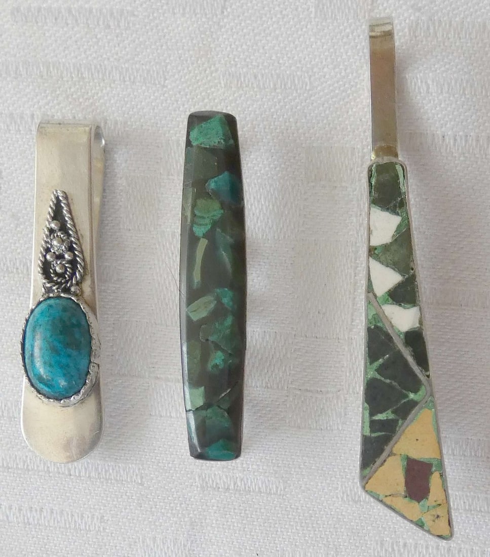 Lot of 3 vintage silver sterling tie clips with mosaic and Eilat stone, total weight: 13 gr., (1 of 8)