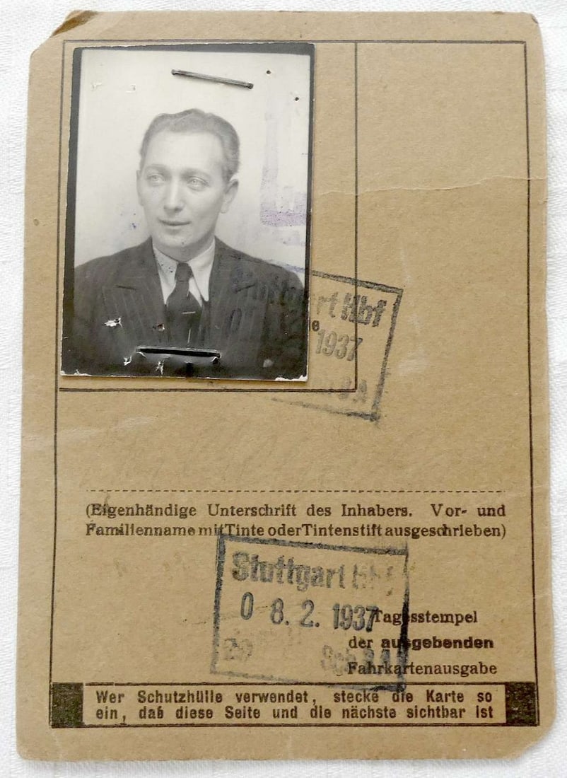 Bezirksteilmonatskarte (District monthly ticket) of a German Jew, Stuttgart, 1937: Bezirksteilmonatskarte (District monthly ticket) of a German Jew, Stuttgart, 1937 Deutsche Reichsbahn Gesellschaft (German Reichsbahn Company) Size: 11.5 x 8 cm. (4.5 x 3.1 inches) Light wear, small d