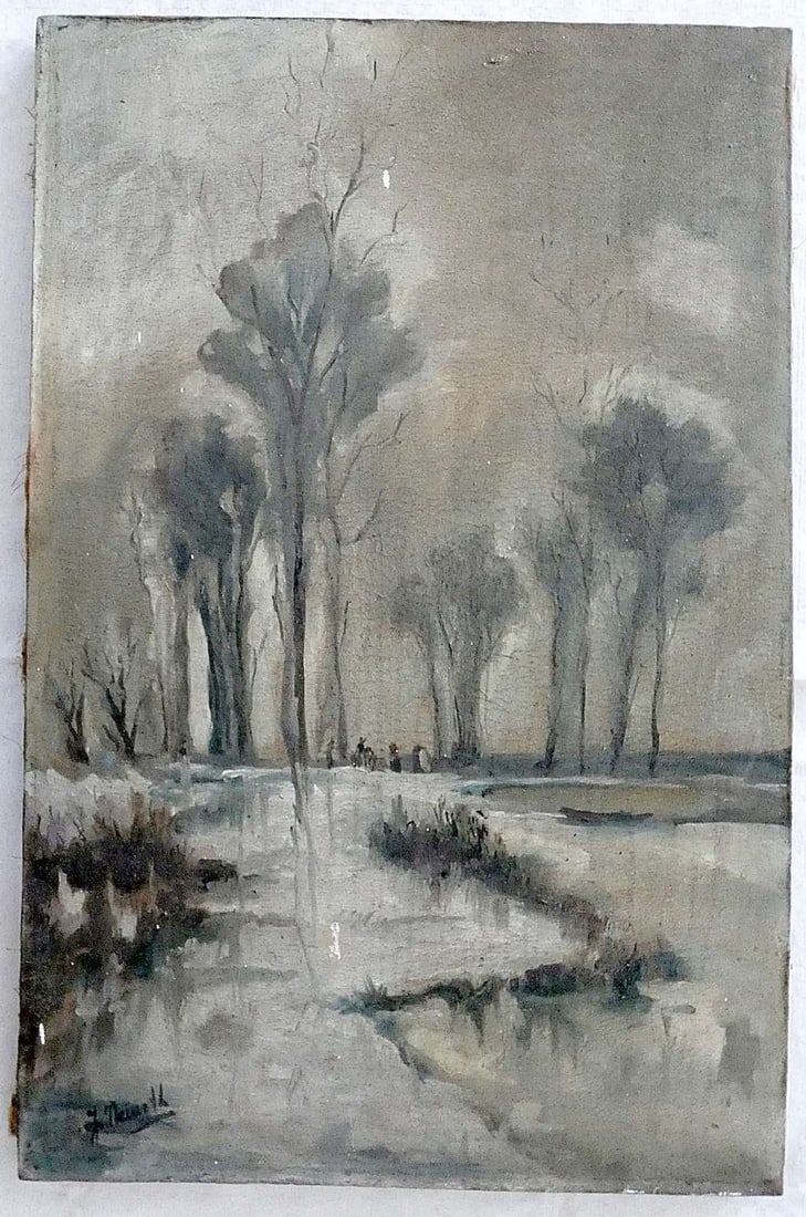 Gyorgy Nemeth, Hungarian Artist, Oil on Canvas “Landscape with Figures??, signed. (1 of 5)