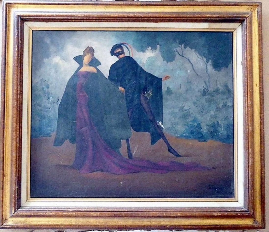 Juan Jose SEGURA, Mexican artist. Oil on canvas “Masquerade figures in carnival costumes??,: Juan Jose SEGURA, Mexican artist. Oil on canvas “Masquerade figures in carnival costumes”, signed, 1956, framed Signed lower right and on reverse side Damaged – two small holes, some rubbing