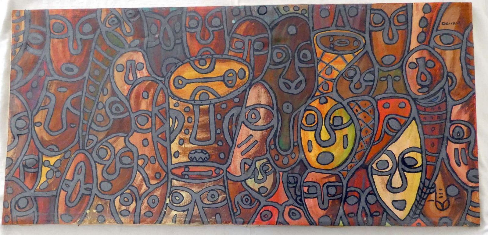 Prince Emmanuel Okuku, Nigerian Artist. Oil Abstract Large Painting “African Motifs??, Signed, (1 of 5)