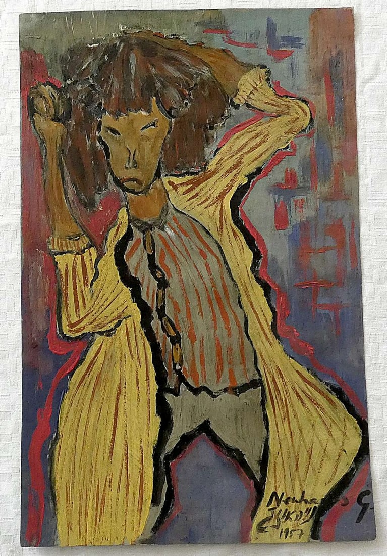 George Neuhaus, Israeli French painter. Oil on paper “Expressionist figure?? 1957, signed in (1 of 3)