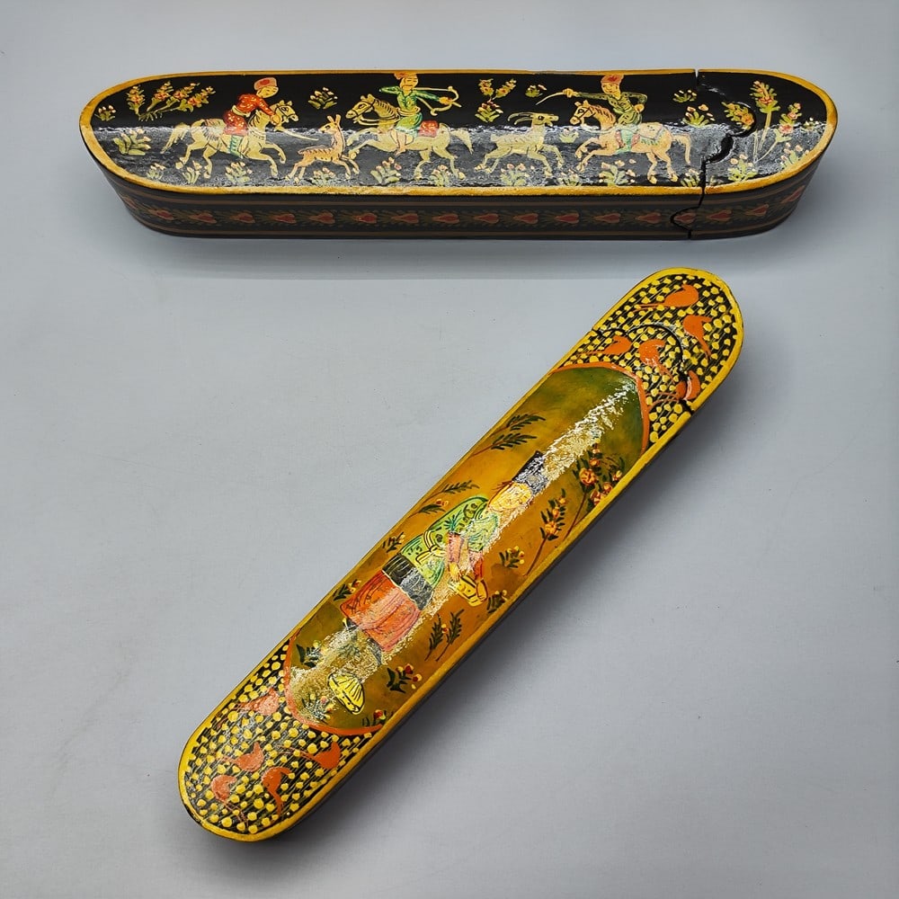 Lot of 2 old Persian papier mache Qalamdan pencil cases (1 of 16)