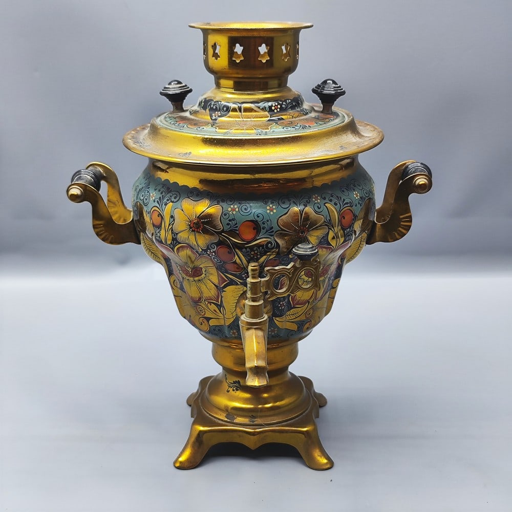 A vintage Russian samovar decorated with hand painting using the Khokhloma technique (Khokhloma is (1 of 6)