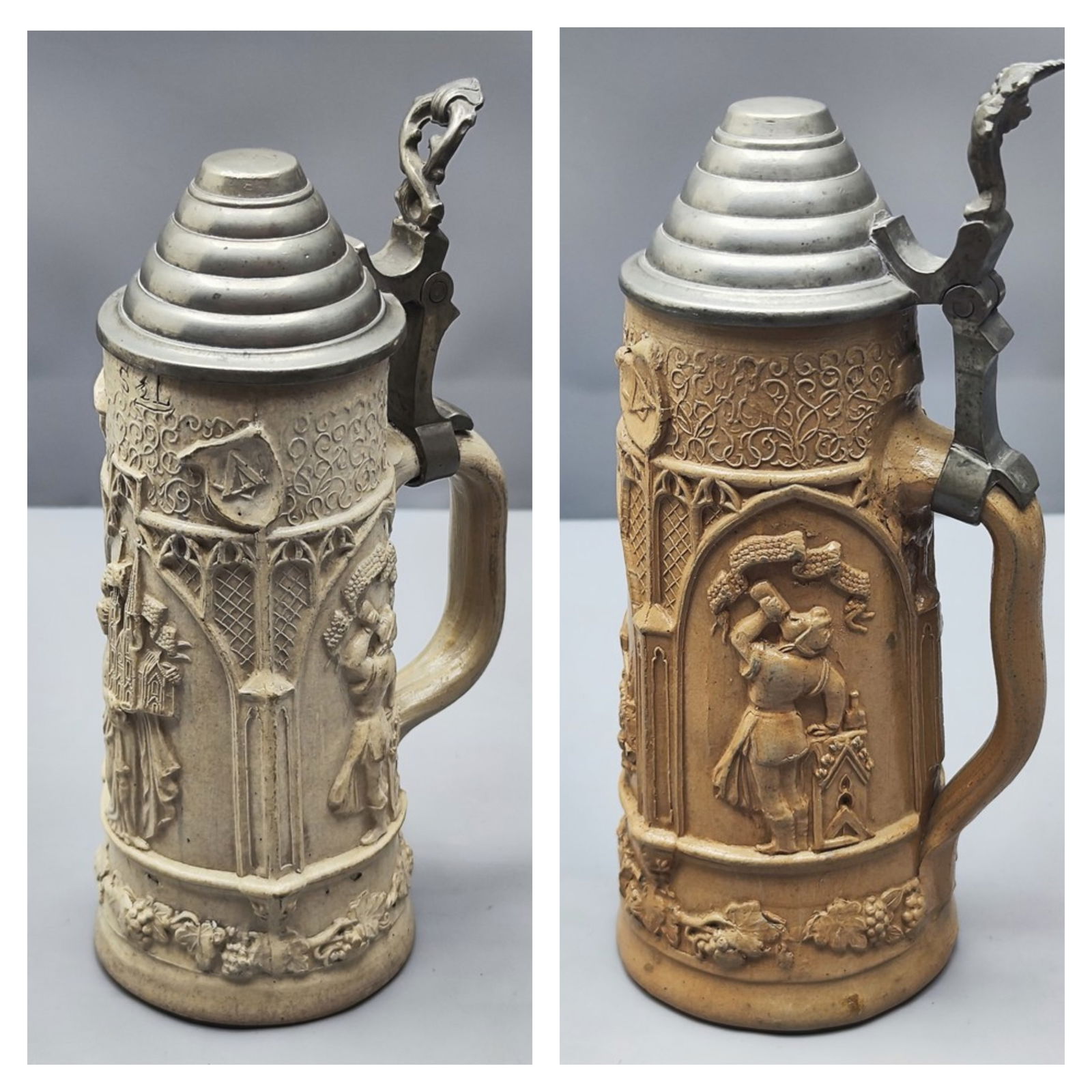 Lot of 2 antique German stoneware ceramic beer mugs (1 of 9)