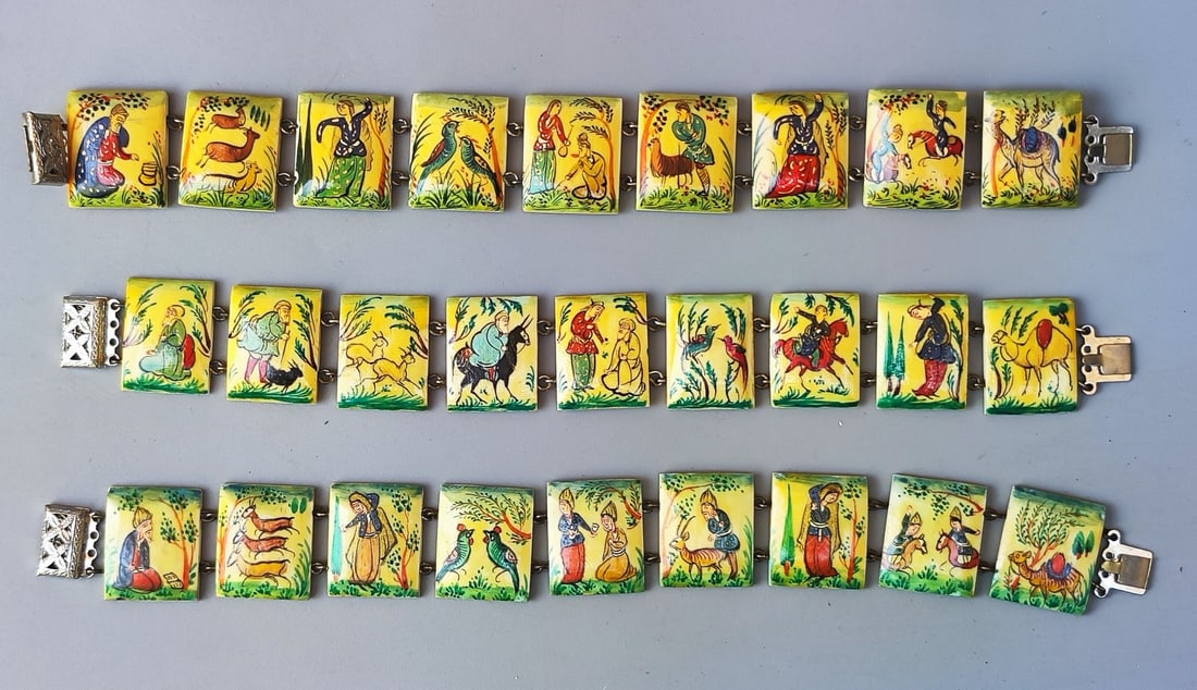 An assortment of 3 old Persian bone link bracelets: An assortment of 3 old Persian bone link bracelets, circa the middle of the 20th century, consisting of rectangular links, decorated with hand-painted figures and animals, silver metal clasp, length: